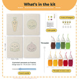 What is in the Fig and Cauliflower set: 4 printed canvases, punch needle, threader, threads, color guide and 4 sets of hangers (6 × 8 in (15 × 20 cm) each)