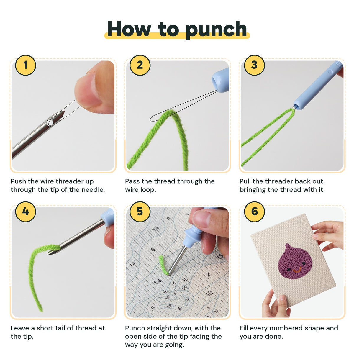 Six steps showing how to thread and use the punch needle