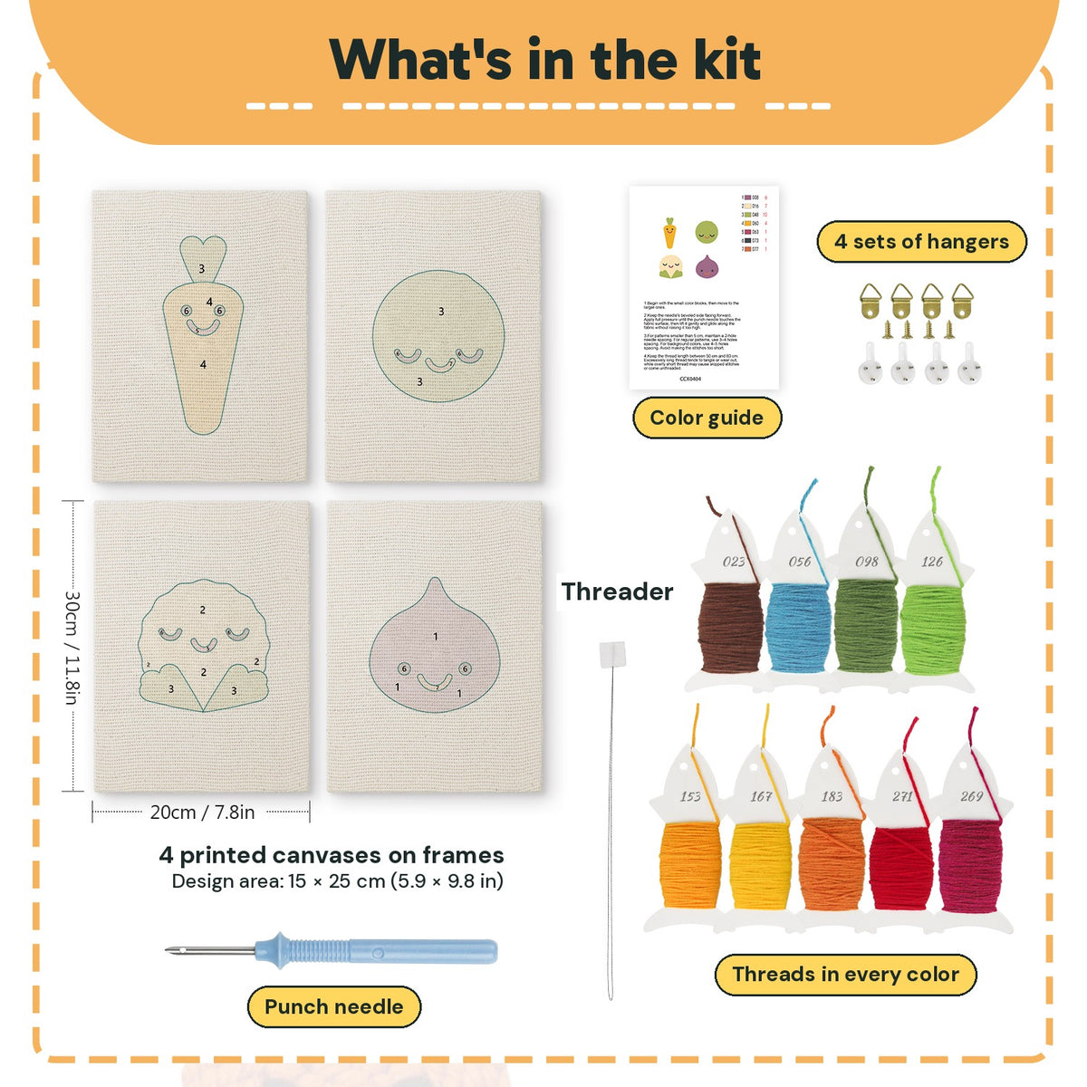What is in the Fig and Cauliflower set, 8 × 12 in (20 × 30 cm) each: 4 printed canvases, punch needle, threader, threads, color guide and 4 sets of hangers