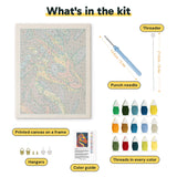 What is in the Fire Dragon kit: printed canvas, punch needle, threader, threads, color guide and hangers