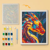 Fire Dragon canvas before and after punching, with the threads and tools