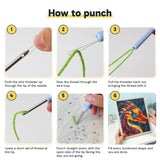 Six steps showing how to thread and use the punch needle
