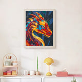 Finished Fire Dragon punch needle canvas on a wall