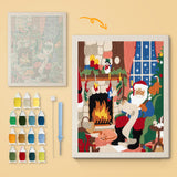 Fireside Santa canvas before and after punching, with the threads and tools