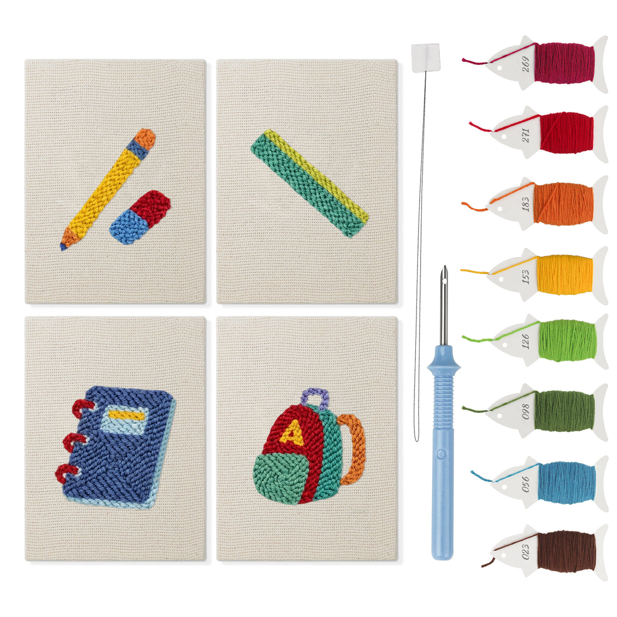 First Day Backpack mini punch needle kit set: four finished canvases with threads, punch needle and threader