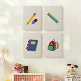 The four First Day Backpack mini canvases on a wall above a shelf