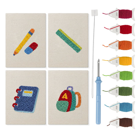 First Day Backpack mini punch needle kit set: four finished canvases with threads, punch needle and threader