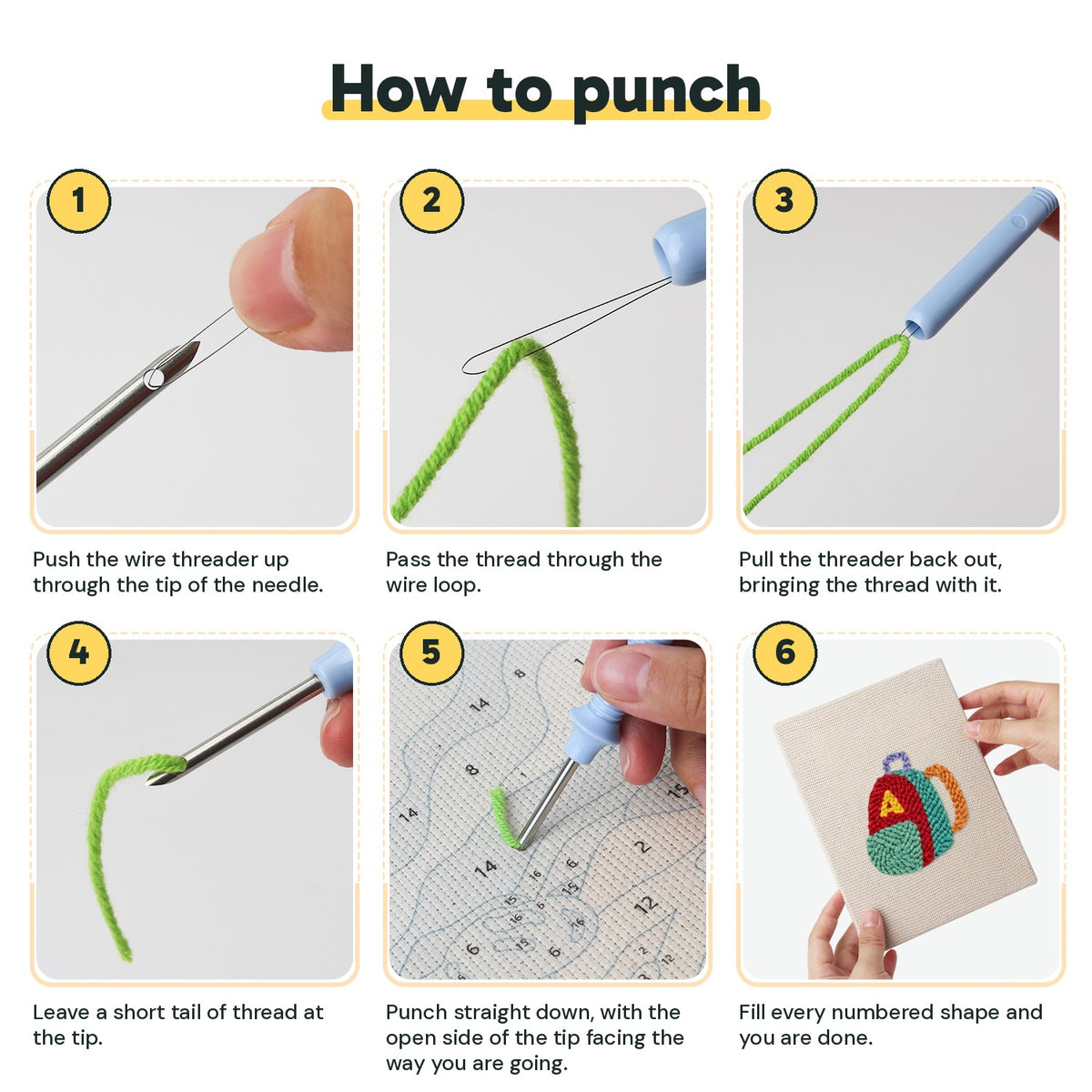 Six steps showing how to thread and use the punch needle