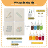 What is in the First Day Backpack set, 8 × 12 in (20 × 30 cm) each: 4 printed canvases, punch needle, threader, threads, color guide and 4 sets of hangers