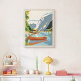 Finished Fjord Rowboat punch needle canvas on a wall