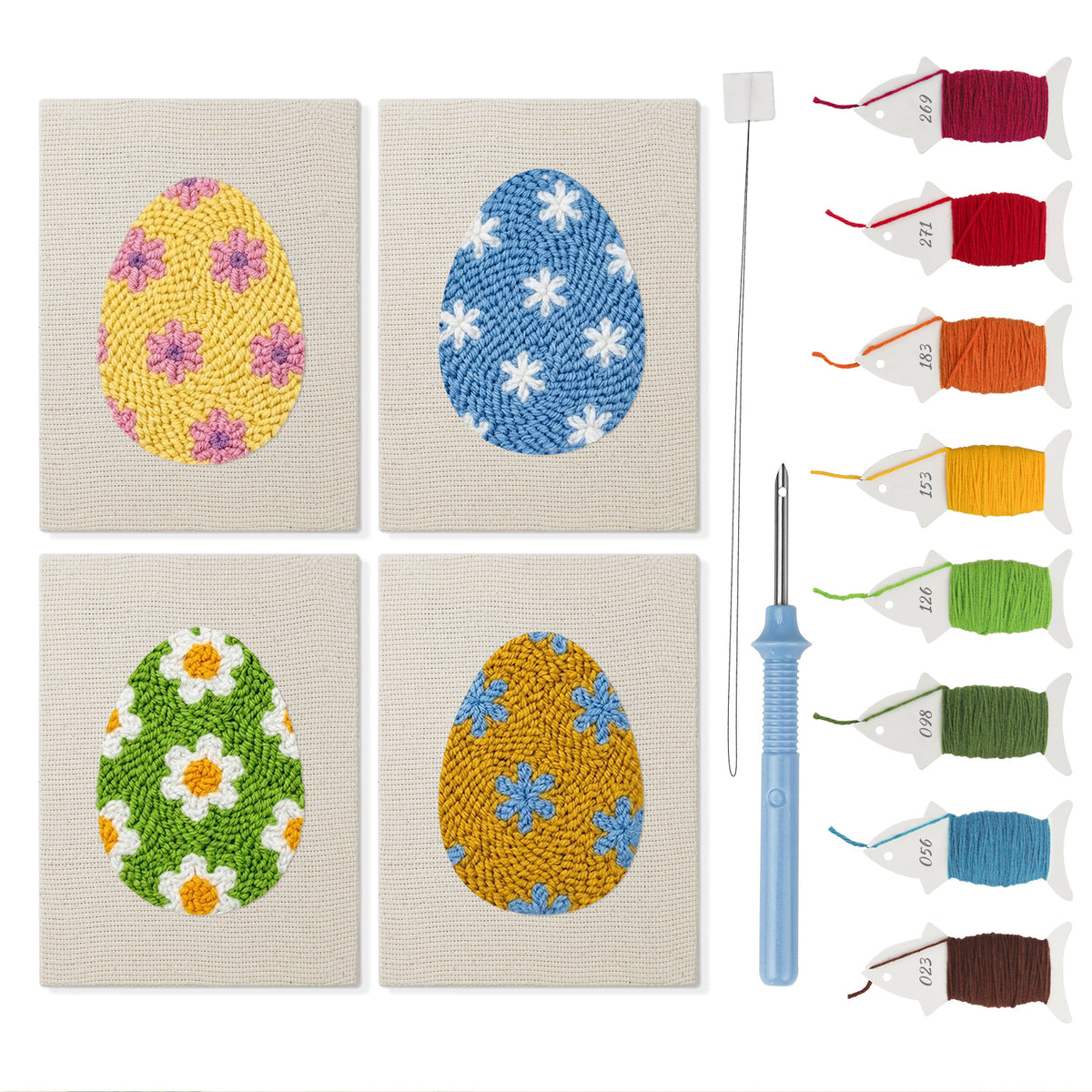 Floral Easter Eggs mini punch needle kit set: four finished canvases with threads, punch needle and threader