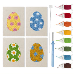 Floral Easter Eggs mini punch needle kit set: four finished canvases with threads, punch needle and threader