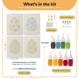 What is in the Floral Easter Eggs set: 4 printed canvases, punch needle, threader, threads, color guide and 4 sets of hangers (6 × 8 in (15 × 20 cm) each)