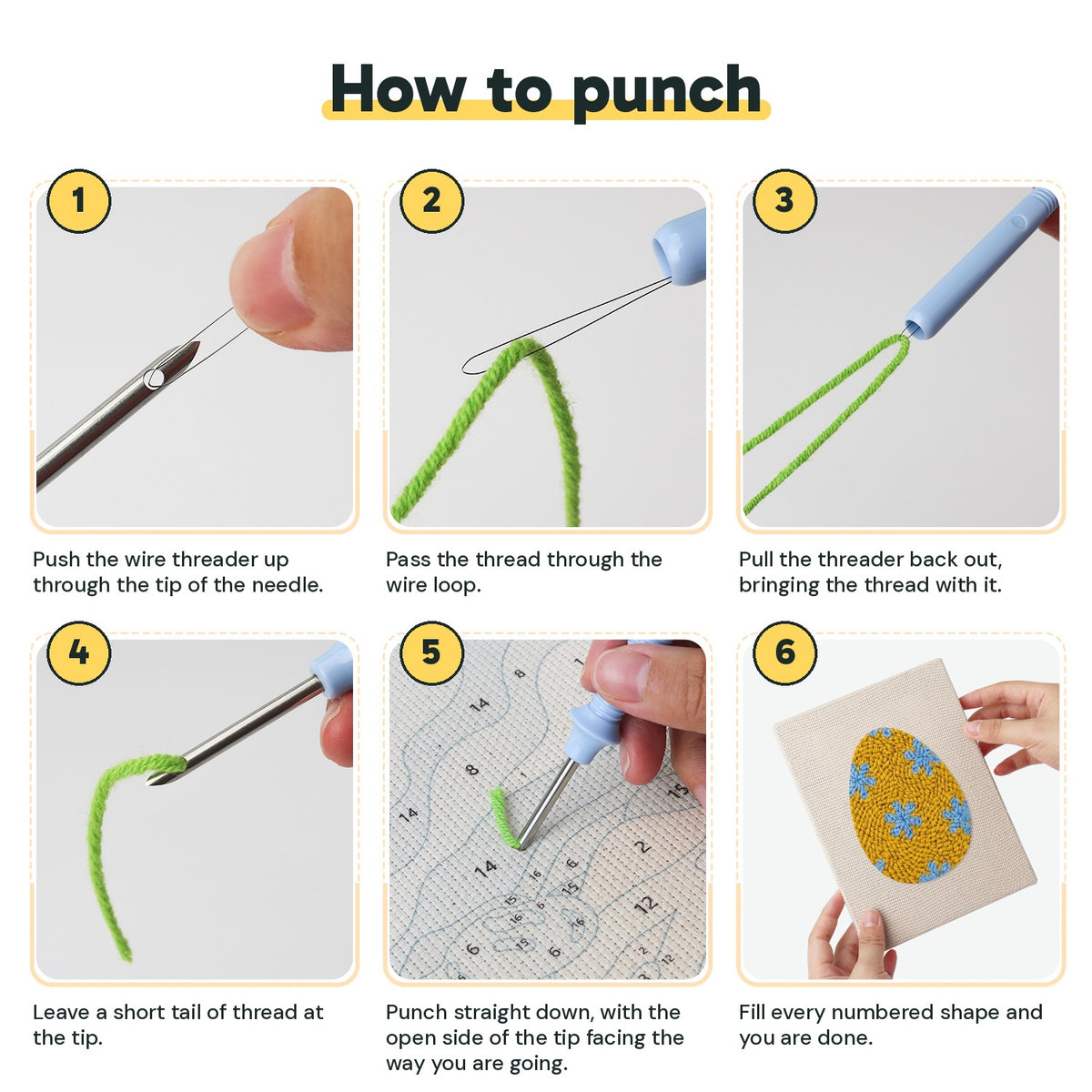 Six steps showing how to thread and use the punch needle