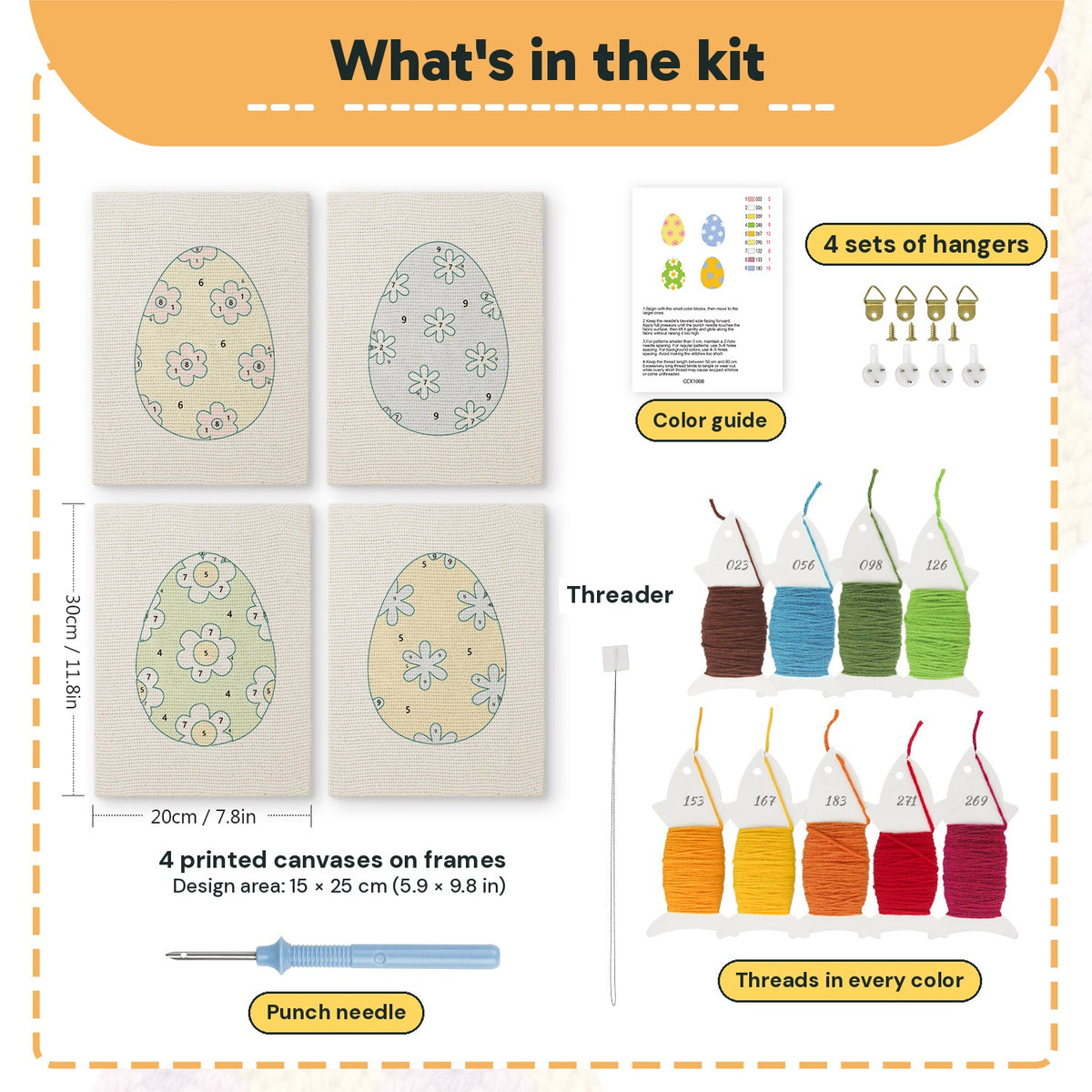 What is in the Floral Easter Eggs set, 8 × 12 in (20 × 30 cm) each: 4 printed canvases, punch needle, threader, threads, color guide and 4 sets of hangers