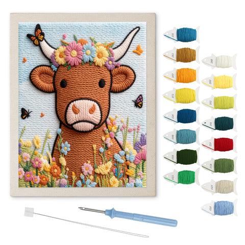 Flower Crown Cow punch needle kit: finished canvas with threads, punch needle and threader