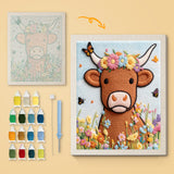 Flower Crown Cow canvas before and after punching, with the threads and tools