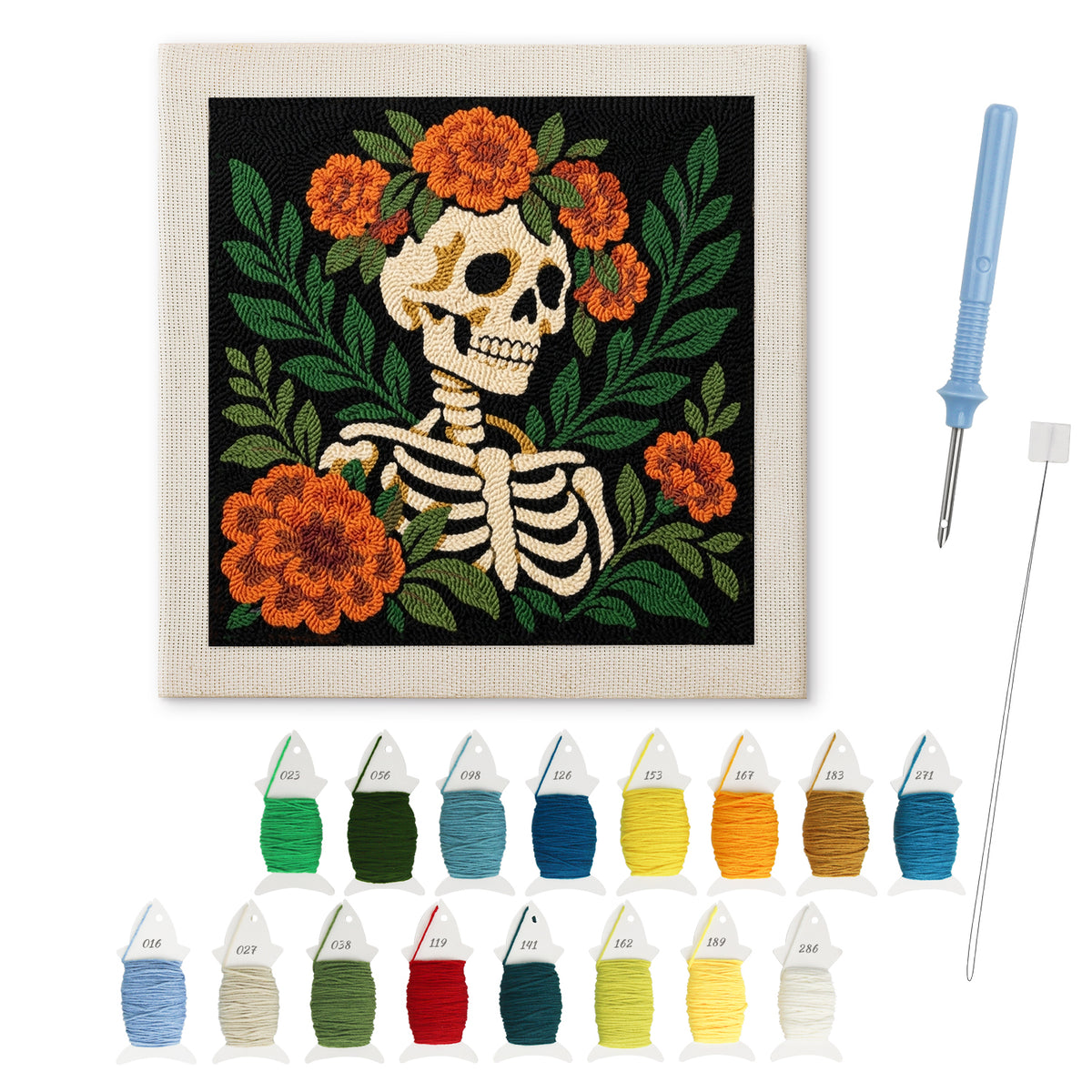 Flower Crown Skeleton punch needle kit: finished canvas with threads, punch needle and threader