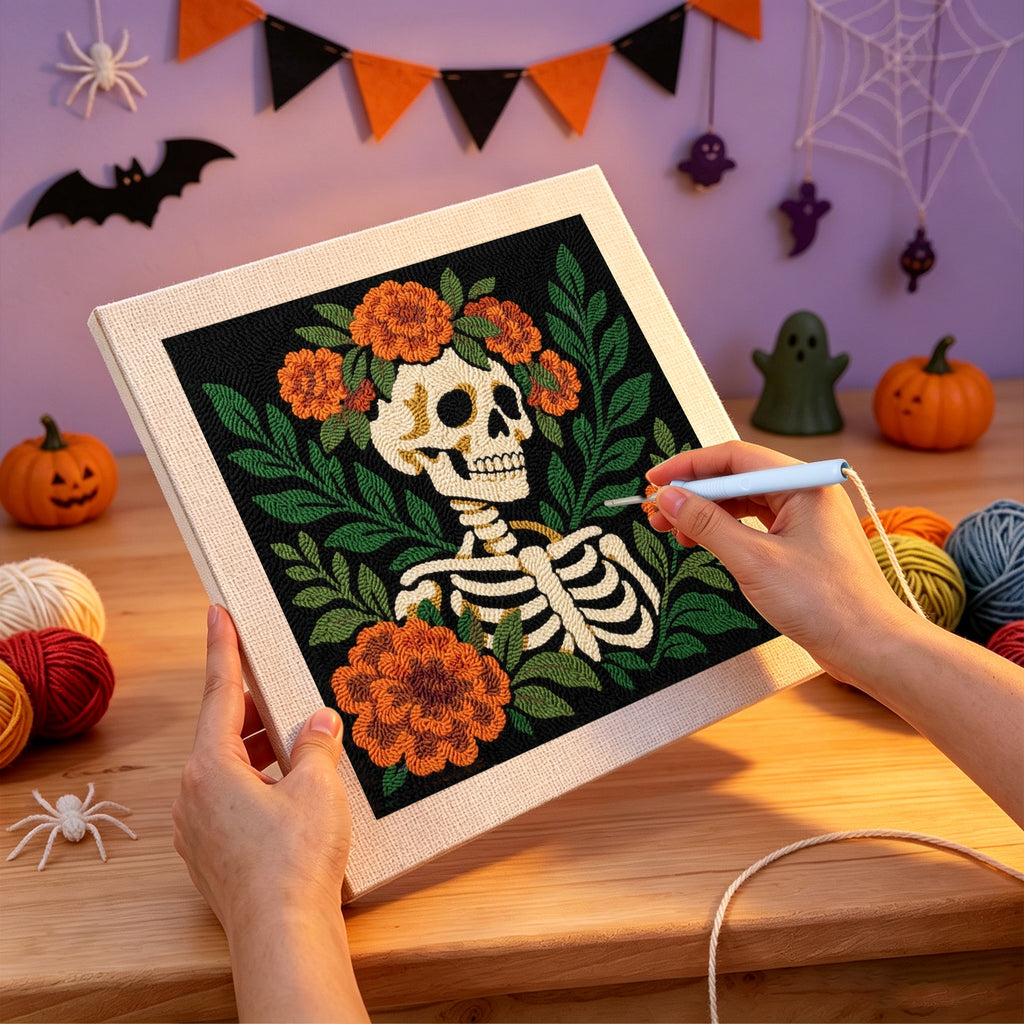 Punching the Flower Crown Skeleton design with the punch needle