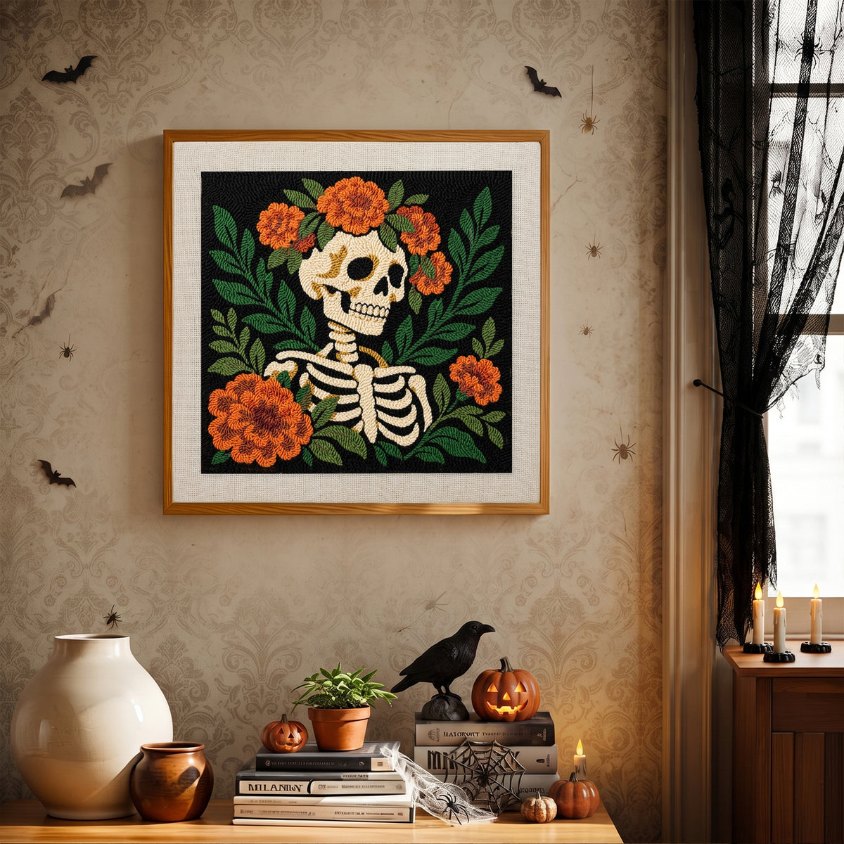 Finished Flower Crown Skeleton punch needle canvas on a wall