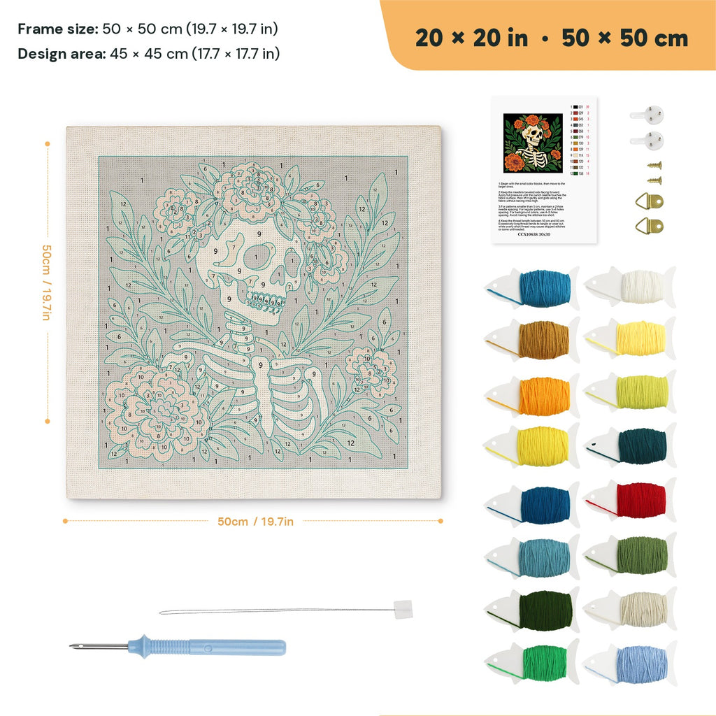 Flower Crown Skeleton punch needle kit, 20 × 20 in (50 × 50 cm): canvas size and kit contents