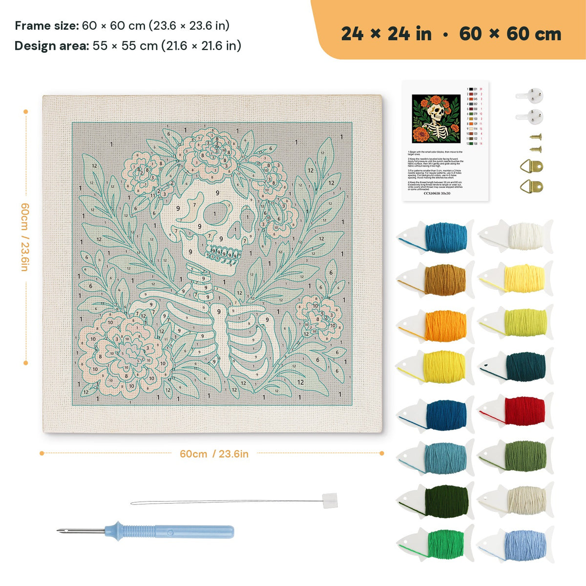 Flower Crown Skeleton punch needle kit, 24 × 24 in (60 × 60 cm): canvas size and kit contents