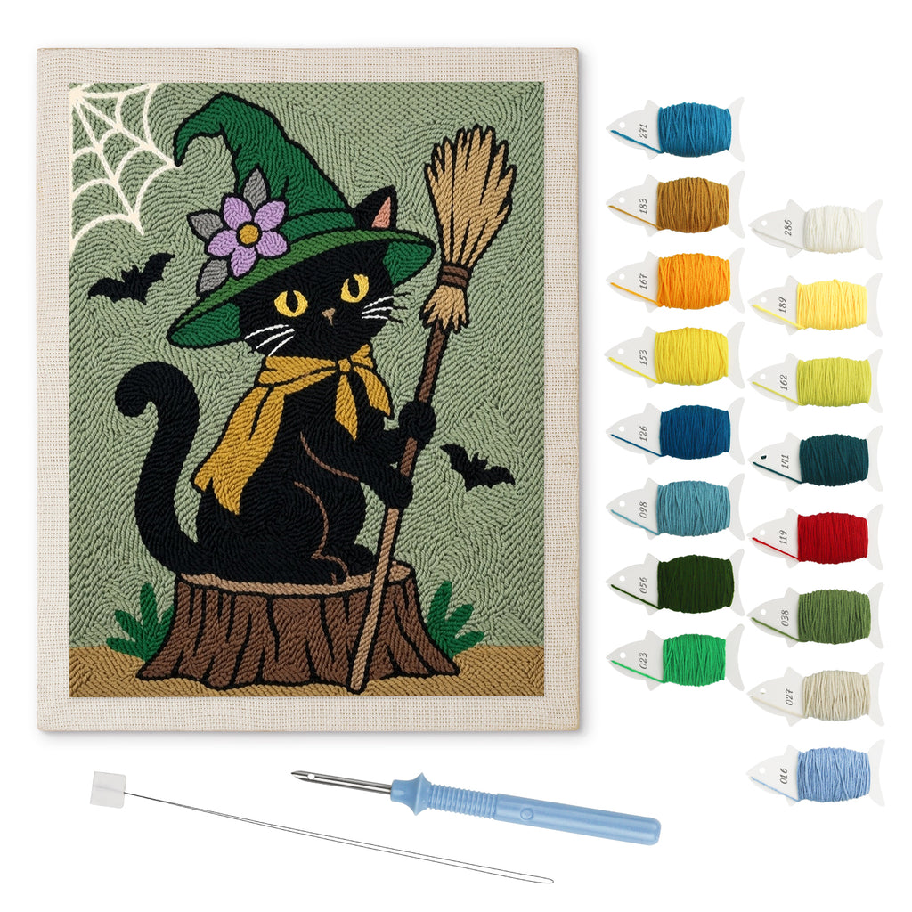 Flower Hat Witch Cat punch needle kit: finished canvas with threads, punch needle and threader