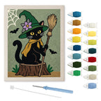 Flower Hat Witch Cat punch needle kit: finished canvas with threads, punch needle and threader