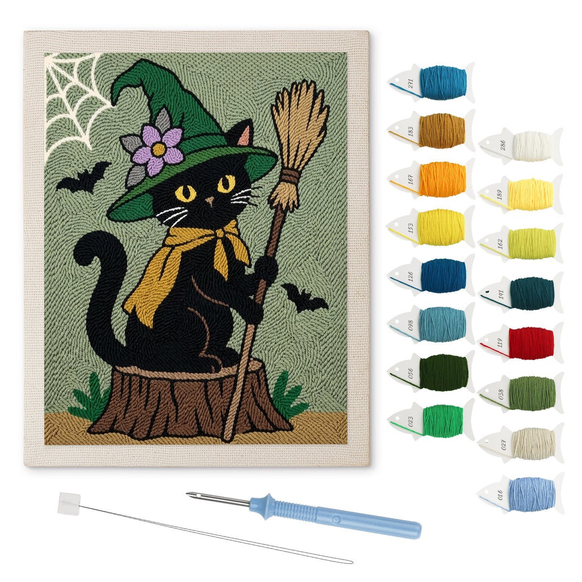 Flower Hat Witch Cat punch needle kit: finished canvas with threads, punch needle and threader