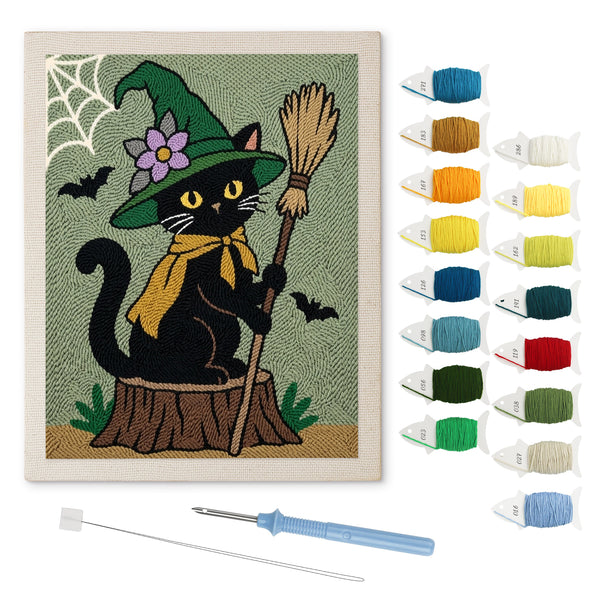 Flower Hat Witch Cat punch needle kit: finished canvas with threads, punch needle and threader