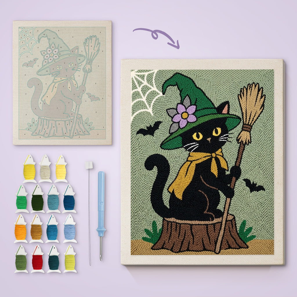 Flower Hat Witch Cat canvas before and after punching, with the threads and tools