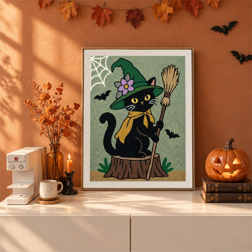 Finished Flower Hat Witch Cat punch needle canvas on a wall