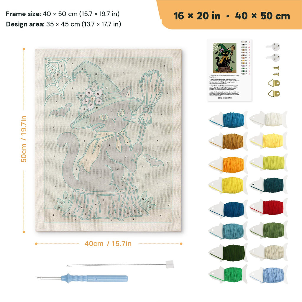 Flower Hat Witch Cat punch needle kit, 16 × 20 in (40 × 50 cm): canvas size and kit contents