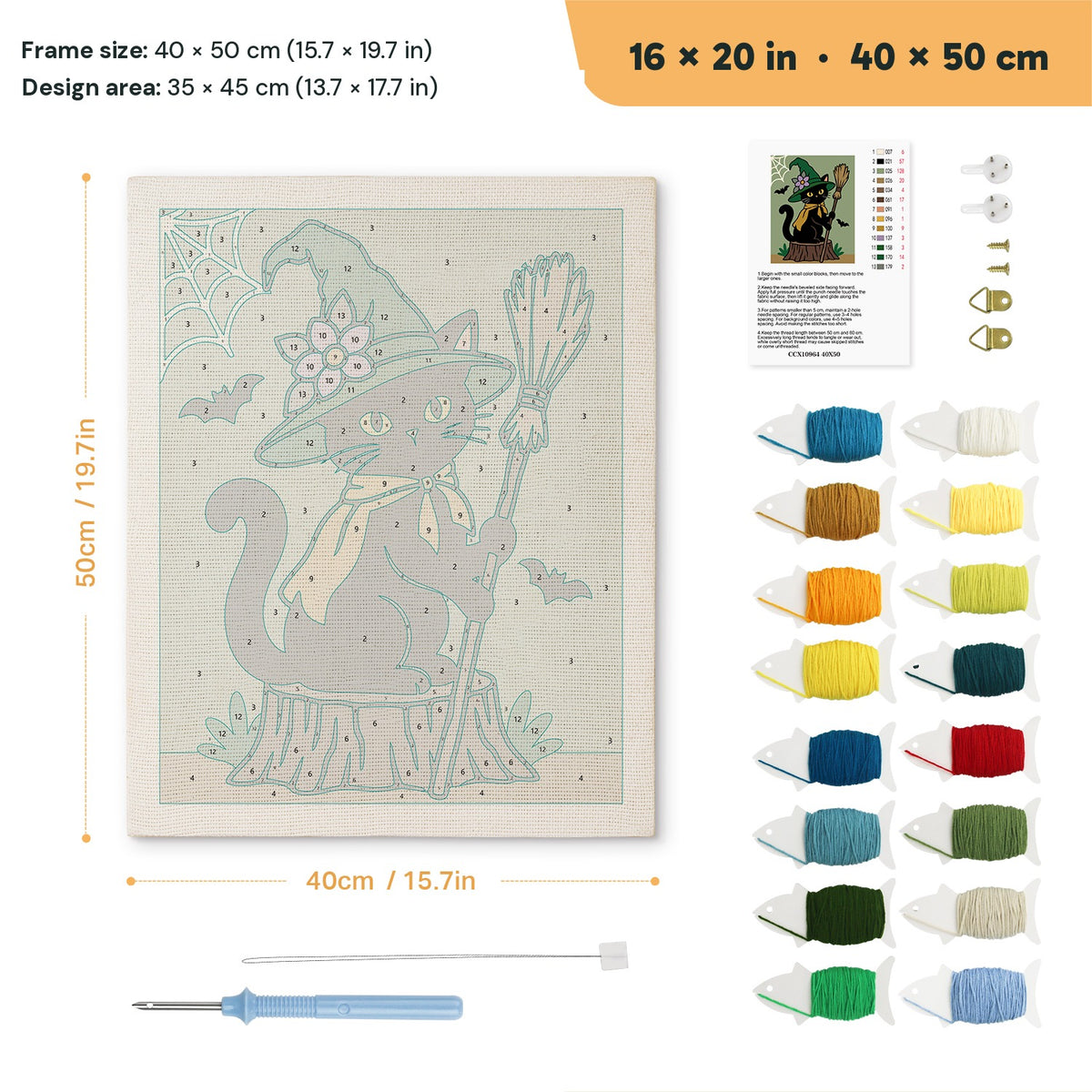 Flower Hat Witch Cat punch needle kit, 16 × 20 in (40 × 50 cm): canvas size and kit contents