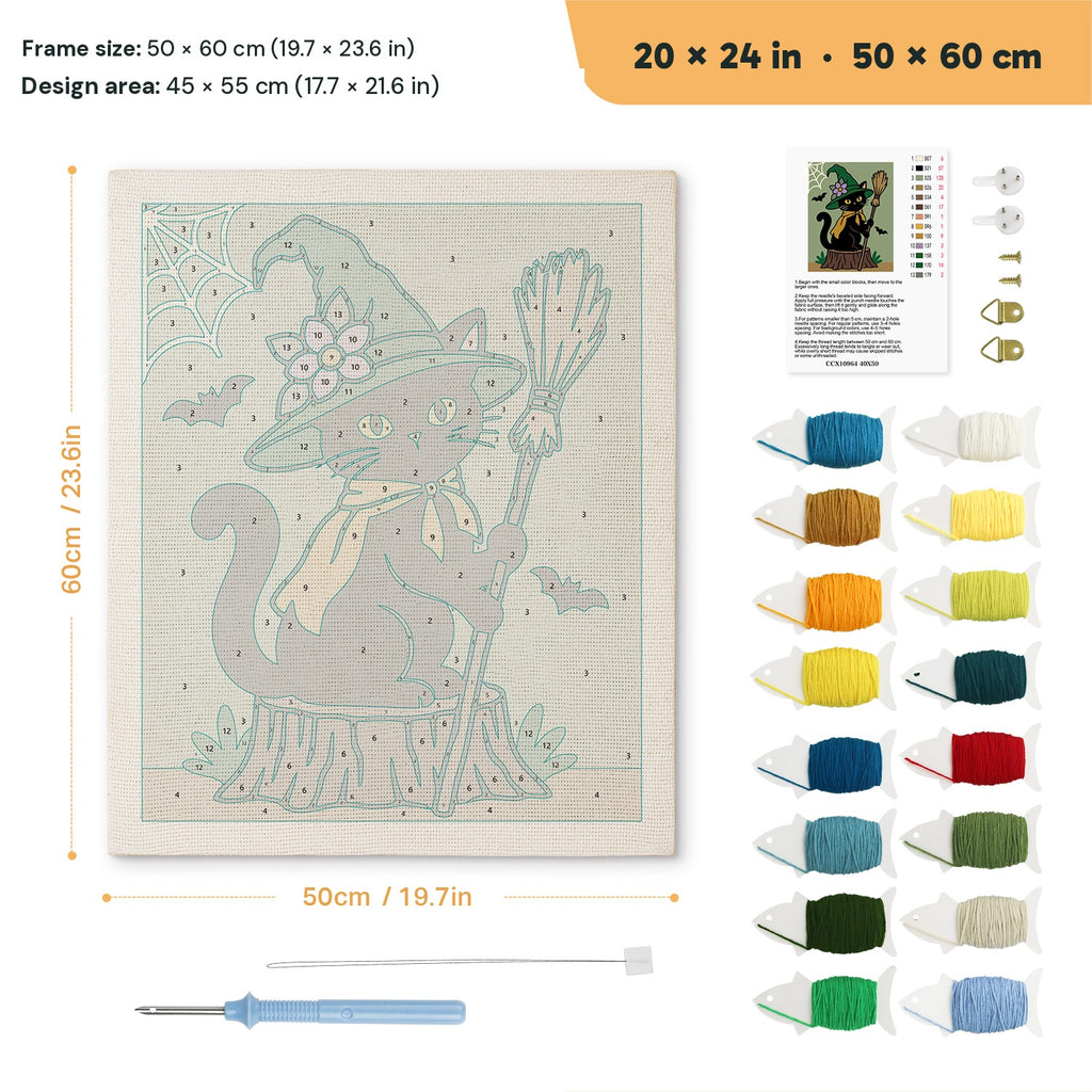 Flower Hat Witch Cat punch needle kit, 20 × 24 in (50 × 60 cm): canvas size and kit contents