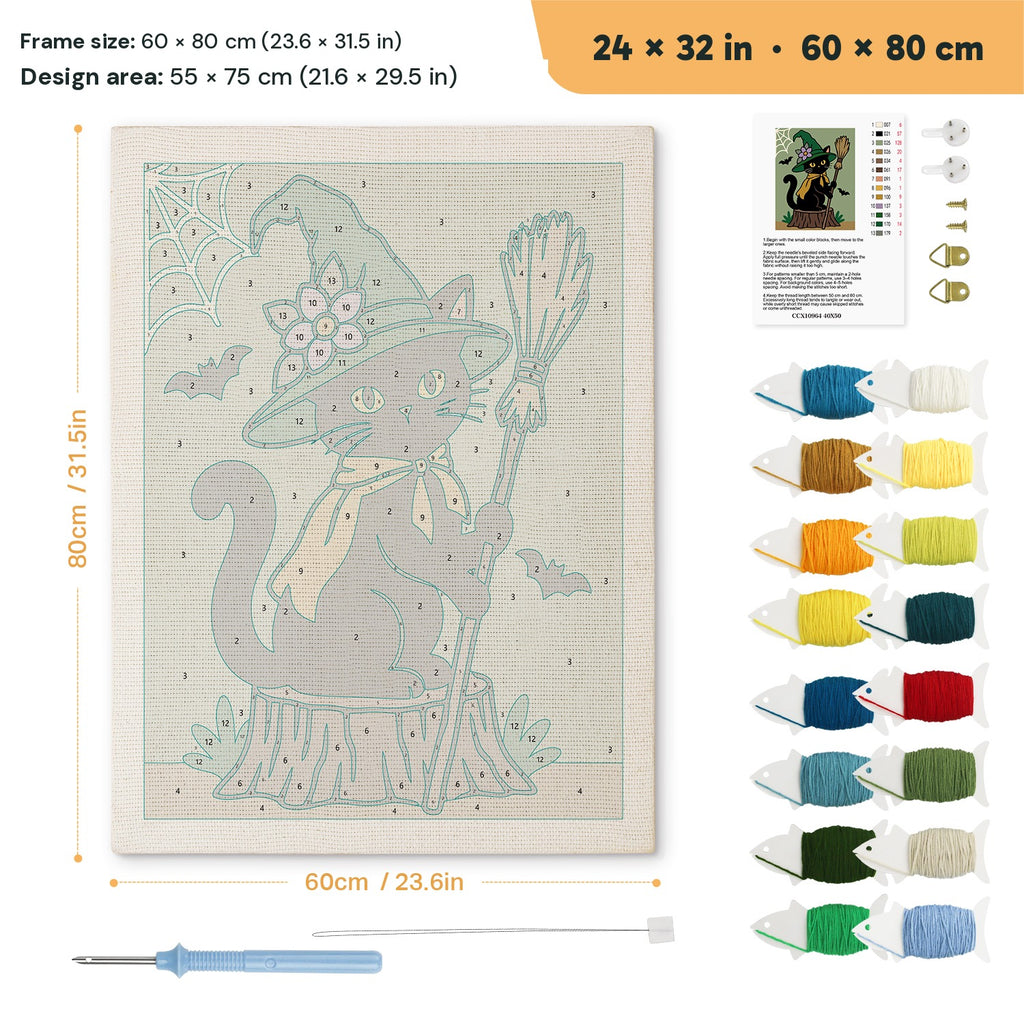 Flower Hat Witch Cat punch needle kit, 24 × 32 in (60 × 80 cm): canvas size and kit contents