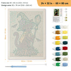 Flower Hat Witch Cat punch needle kit, 24 × 32 in (60 × 80 cm): canvas size and kit contents