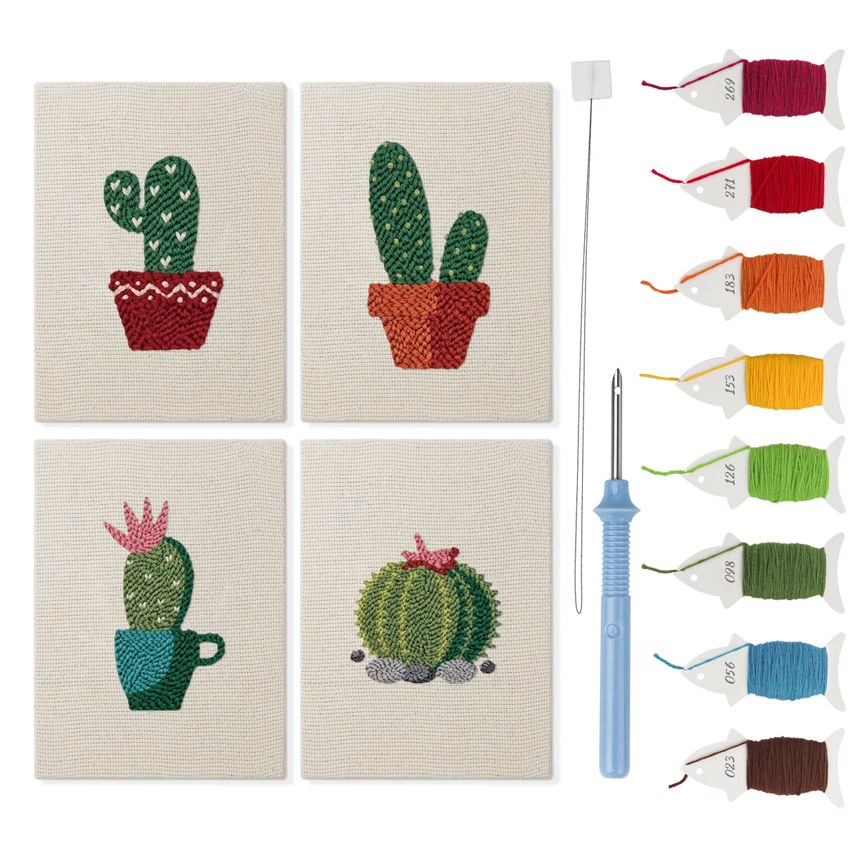 Flowering Cacti mini punch needle kit set: four finished canvases with threads, punch needle and threader