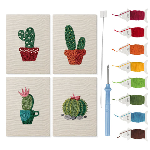 Flowering Cacti mini punch needle kit set: four finished canvases with threads, punch needle and threader