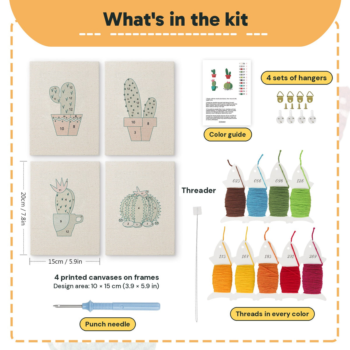 What is in the Flowering Cacti set: 4 printed canvases, punch needle, threader, threads, color guide and 4 sets of hangers (6 × 8 in (15 × 20 cm) each)