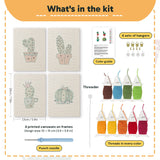 What is in the Flowering Cacti set: 4 printed canvases, punch needle, threader, threads, color guide and 4 sets of hangers (6 × 8 in (15 × 20 cm) each)