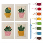 Flowering Cactus Pots mini punch needle kit set: four finished canvases with threads, punch needle and threader