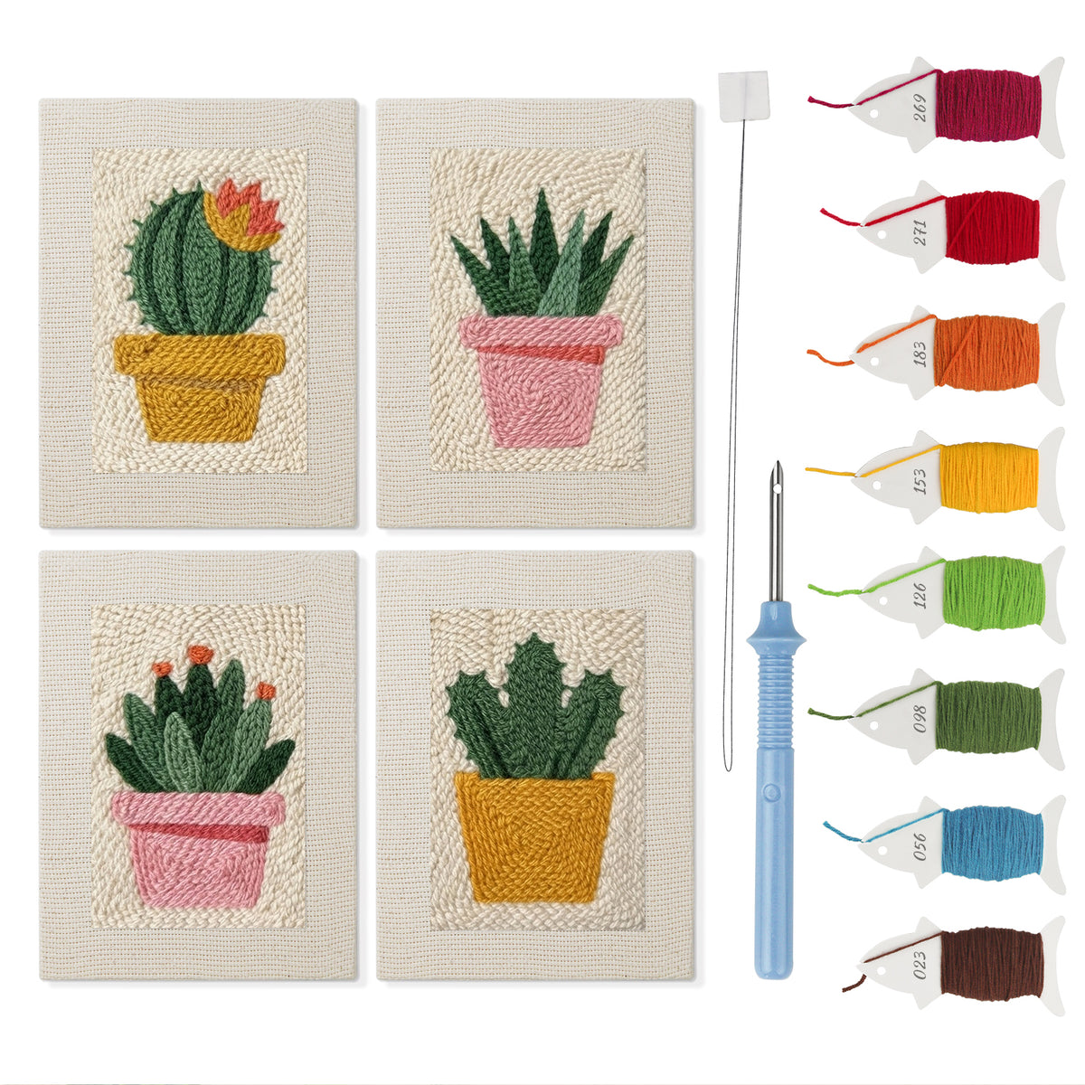 Flowering Cactus Pots mini punch needle kit set: four finished canvases with threads, punch needle and threader