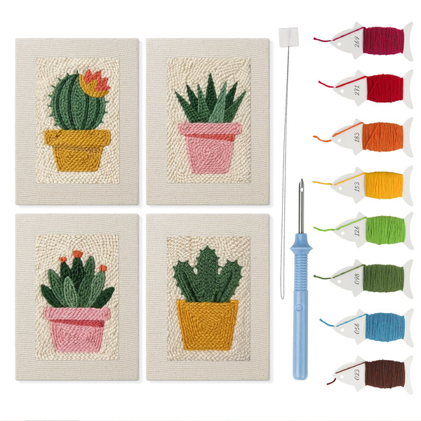 Flowering Cactus Pots mini punch needle kit set: four finished canvases with threads, punch needle and threader