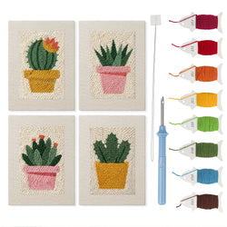 Flowering Cactus Pots mini punch needle kit set: four finished canvases with threads, punch needle and threader