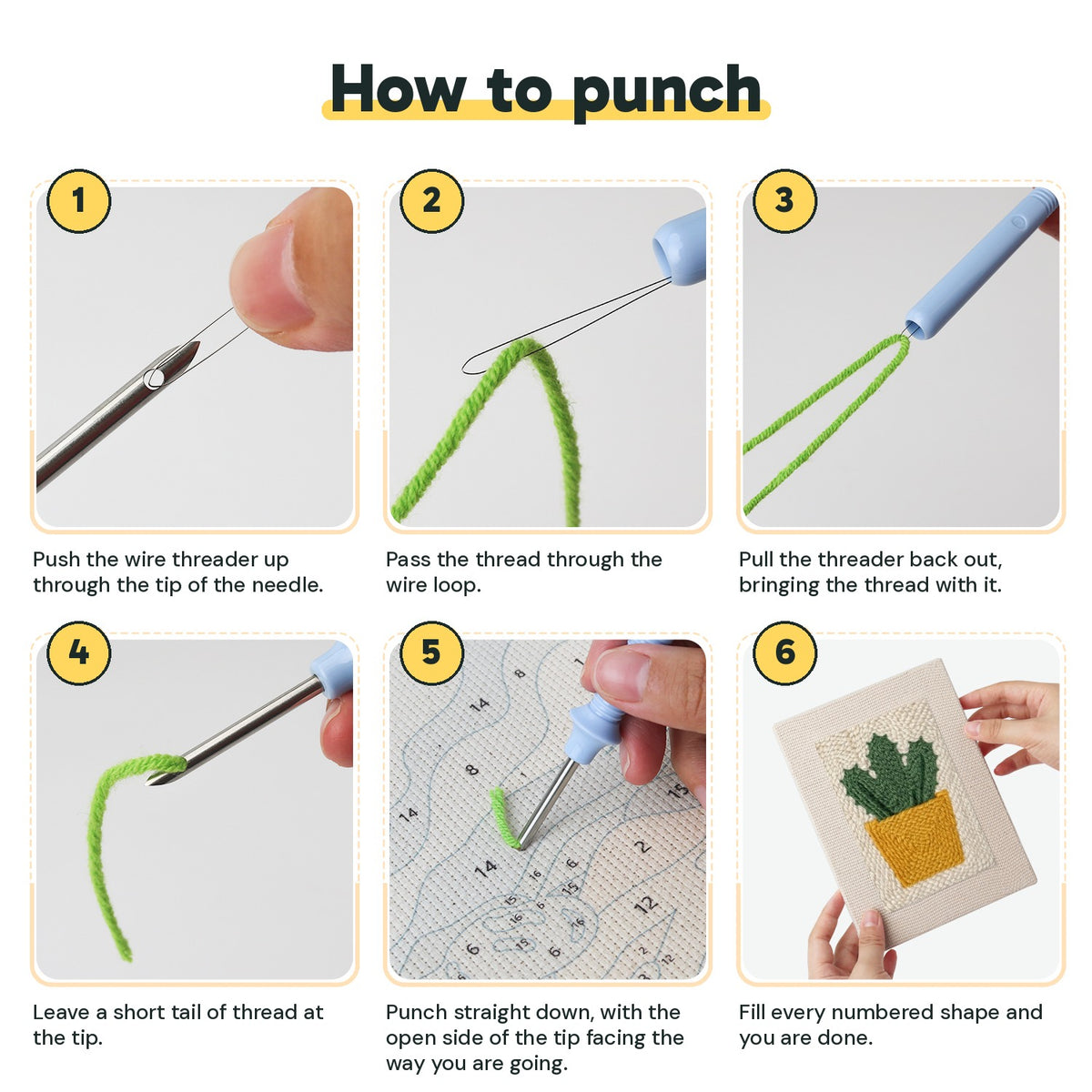 Six steps showing how to thread and use the punch needle
