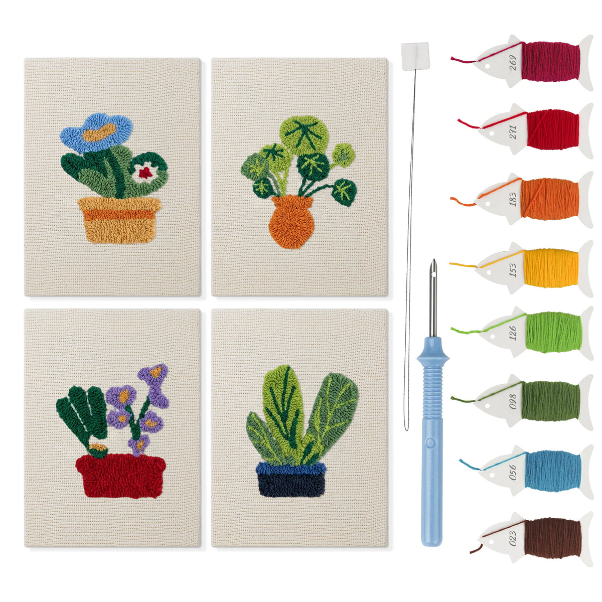 Flowering Pot Plants mini punch needle kit set: four finished canvases with threads, punch needle and threader