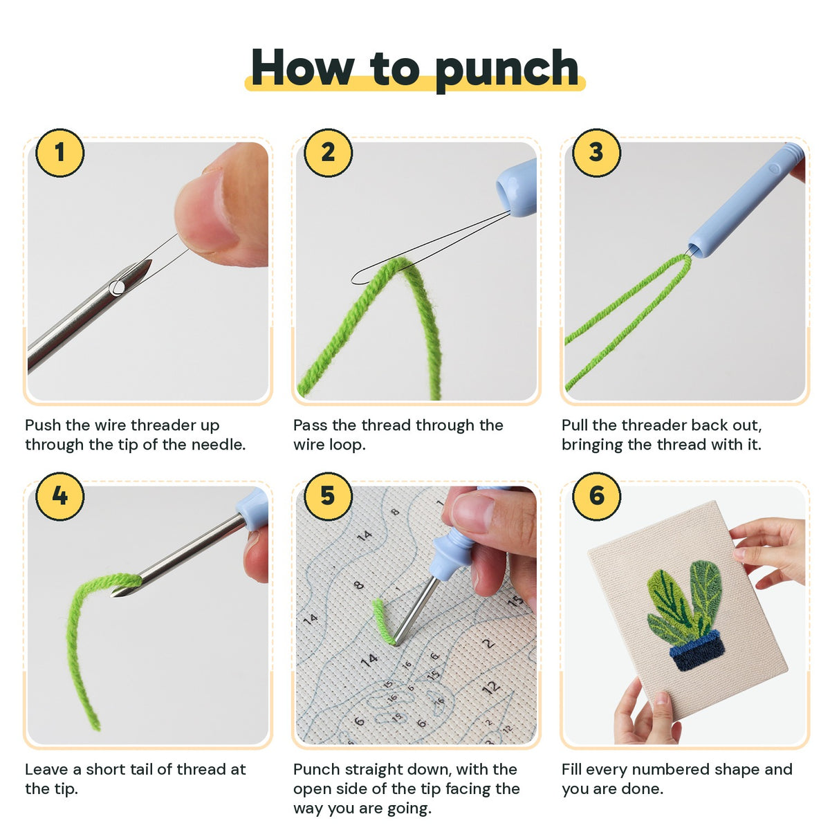 Six steps showing how to thread and use the punch needle