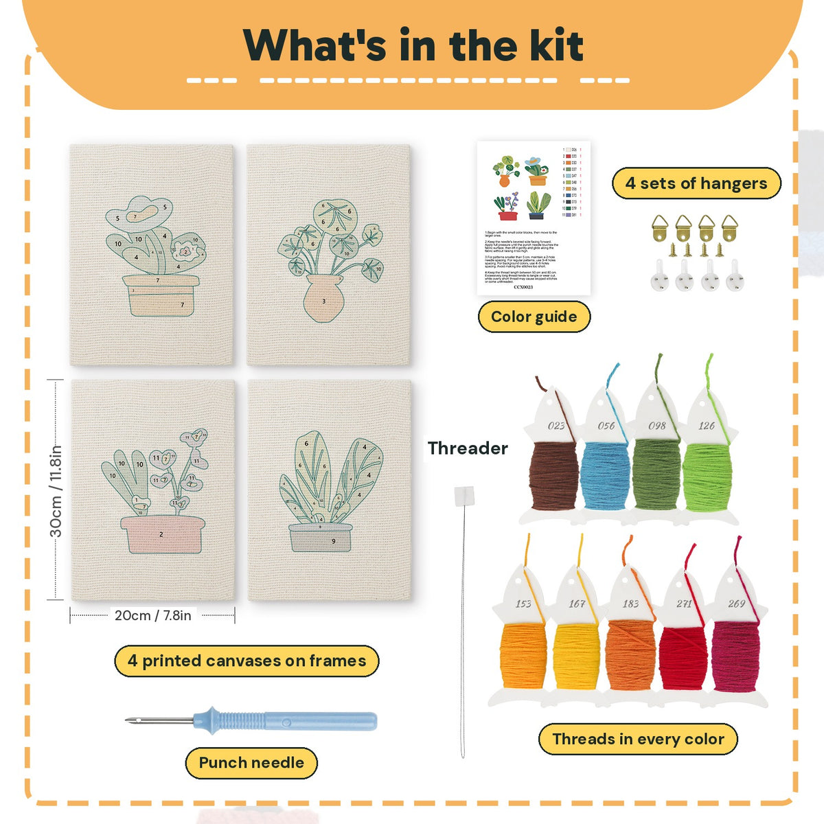 What is in the Flowering Pot Plants set, 8 × 12 in (20 × 30 cm) each: 4 printed canvases, punch needle, threader, threads, color guide and 4 sets of hangers