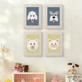 The four Fluffy Friends mini canvases on a wall above a shelf